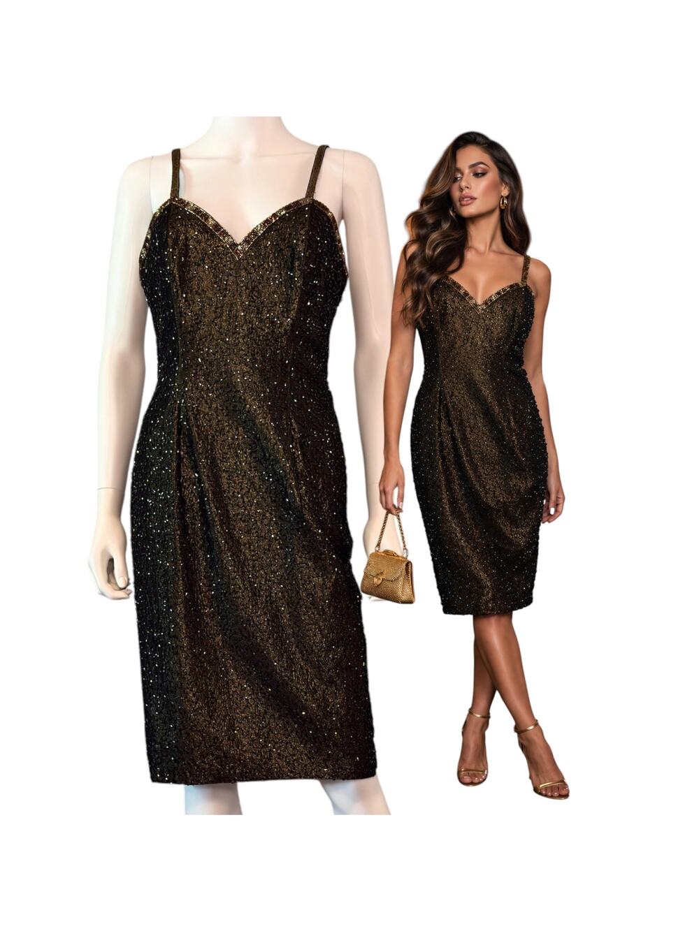 Vtg 80s Black Tie Beaded Metallic Cocktail Party Dress Size S Green Gold Midi